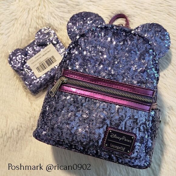 Loungefly Disney Parks Mickey Mouse Purple Potion Sequin Mini Backpack/Wallet - Picture 1 of 11